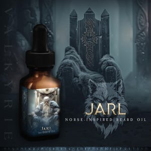 以下が含まれることがあります： 黒いドロッパーと「JARL for Beard Oil」と書かれたラベルが付いたガラス製のひげ油のボトル。ボトルは、狼と王座のある暗い背景の前にある。