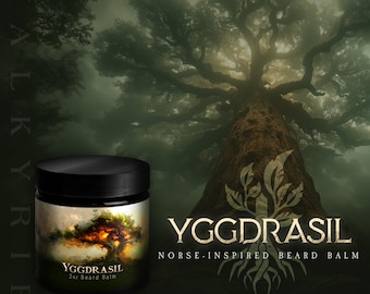May include: A 2 ounce jar of Yggdrasil Norse-inspired beard balm. The jar is black with a label featuring a stylized image of a tree with a sunset background. The text "Yggdrasil 2oz Beard Balm" is printed on the label.