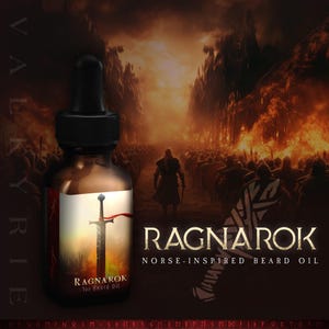 Może przedstawiać: Brązowa szklana butelka z kroplomierzem i etykietą z napisem "Ragnarok for Beard Oil". Etykieta zawiera również miecz i czerwoną wstążkę. Tło etykiety jest pomarańczowe i żółte, jak ogień.