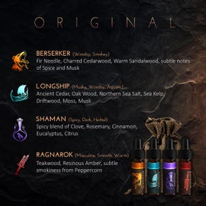 May include: Four small glass bottles with labels and illustrations of a bear, a ship, a potion, and a sword. The bottles are arranged in a row from left to right. The labels read "Berserker", "Longship", "Shaman", and "Ragnarok".