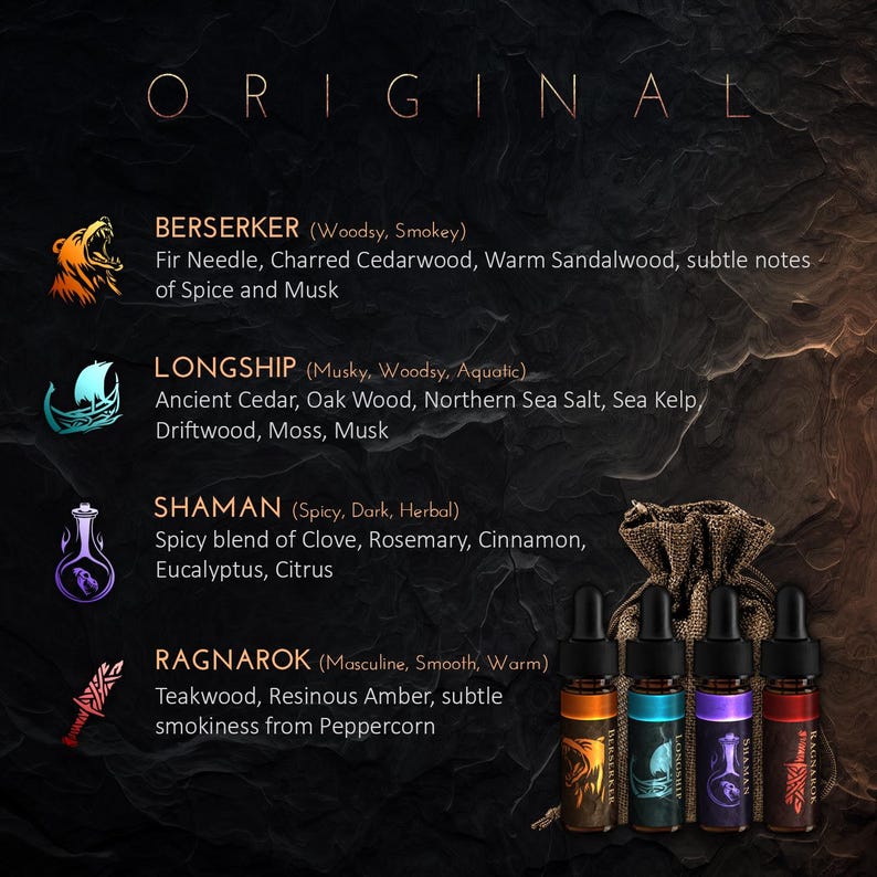 May include: Four small glass bottles with labels and illustrations of a bear, a ship, a potion, and a sword. The bottles are arranged in a row from left to right. The labels read "Berserker", "Longship", "Shaman", and "Ragnarok".