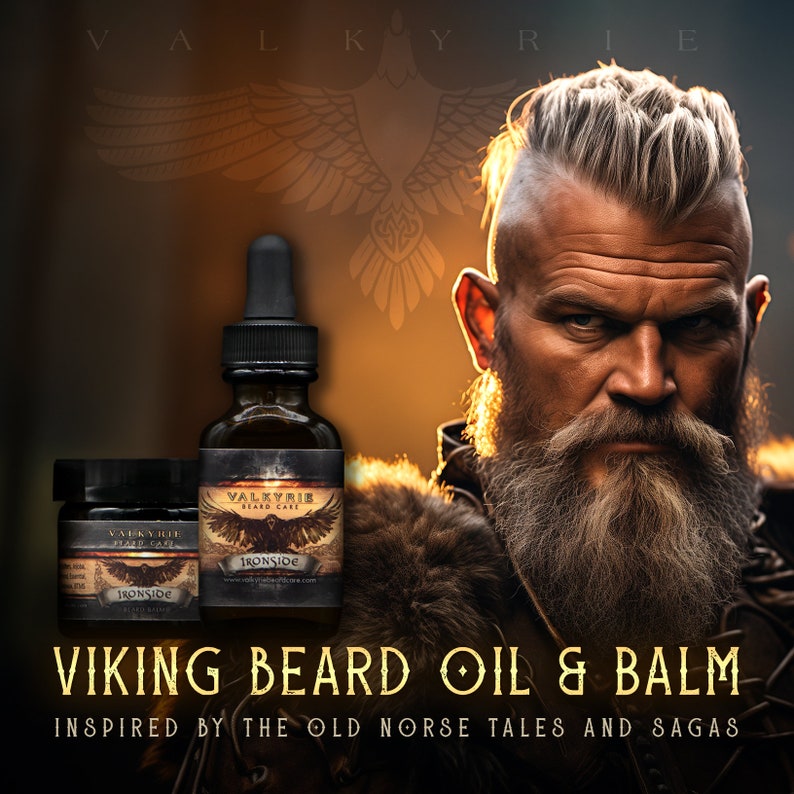 Pu&ograve; includere: Un set di prodotti per la cura della barba a tema vichingo. Il set include una bottiglia di olio per barba e un barattolo di balsamo per barba. I prodotti sono etichettati "Valkyrie Beard Care" e "Ironside". L'immagine presenta anche un uomo con una lunga barba.