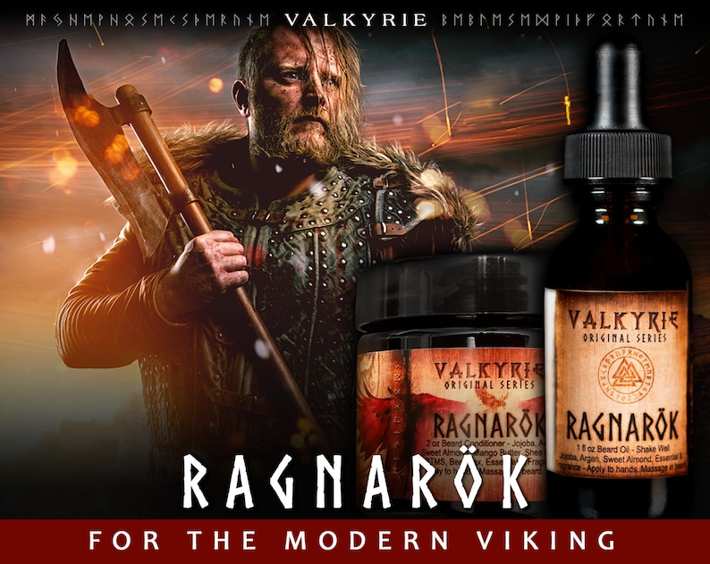 Pu&ograve; includere: Due bottiglie di prodotti per la cura della barba a tema vichingo. La bottiglia pi&ugrave; grande &egrave; etichettata "Valkyrie Original Series Ragnar&ouml;k 1 fl oz Beard Oil". La bottiglia pi&ugrave; piccola &egrave; etichettata "Valkyrie Original Series Ragnar&ouml;k 2 oz Beard Conditioner".