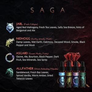 May include: Four small bottles of essential oil with labels that say "Jarl", "Nidhogg", "Asgard", and "Allfather". The bottles are in a red velvet bag with a wolf design on the front. The labels also include descriptions of the scents, such as "Fresh, Cologne", "Earthy, Woody, Musk", "Sweet, Musky, Fruity", and "Warm, Barbershop, Masculine".
