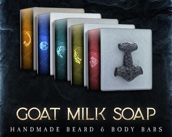 Jabones artesanales para barba y cuerpo (~142 g) - Para el vikingo moderno / Regalos para él / Regalos para hombres - SIN SULFATOS - Hechos a mano - Leche de cabra