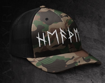 Viking Camo Snapback Trucker Cap "Heathen" spelled out in Elder Futhark runes - Gift for men, Christmas gift for him, hunting, trucker hat