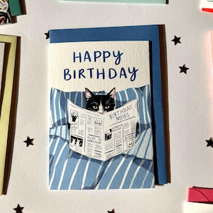 May include: A selection of greeting cards. One card shows a black and white cat reading a newspaper with the headline "Birthday Mews" and the text "Happy Birthday." Other cards feature illustrations of a stingray and the text "You're my".
