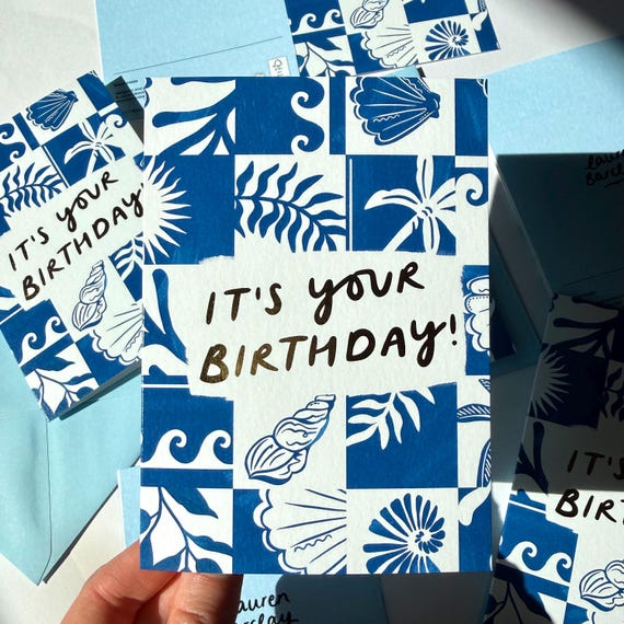 Tropical Tile Pattern Birthday Card, Gold Foil Accents