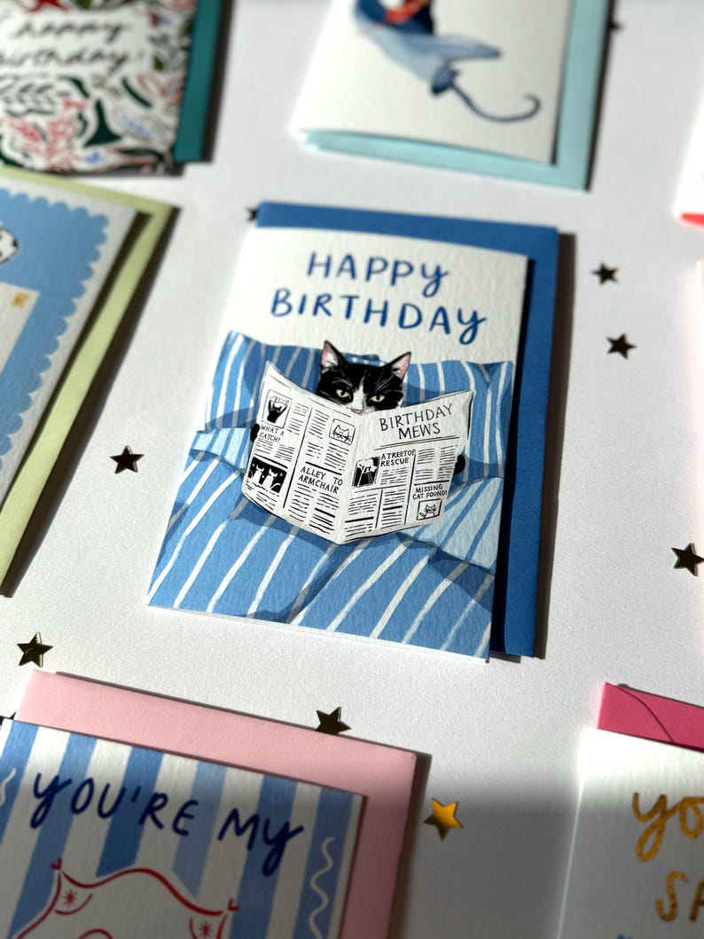 May include: A greeting card featuring a black and white cat reading a newspaper titled Birthday Mews while lying in a blue and white striped bed. The text Happy Birthday is printed in blue above the cat. The card is set against a white background.