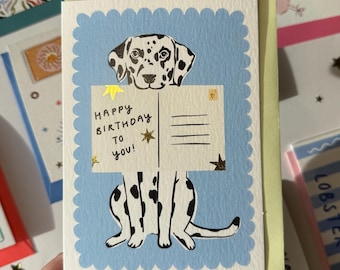 Tarjeta de cumpleaños para perro, dálmata, tamaño A6, interior en blanco