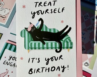 Tarjeta de cumpleaños divertida de gato para ella, tarjeta "Date un capricho, gato perezoso"