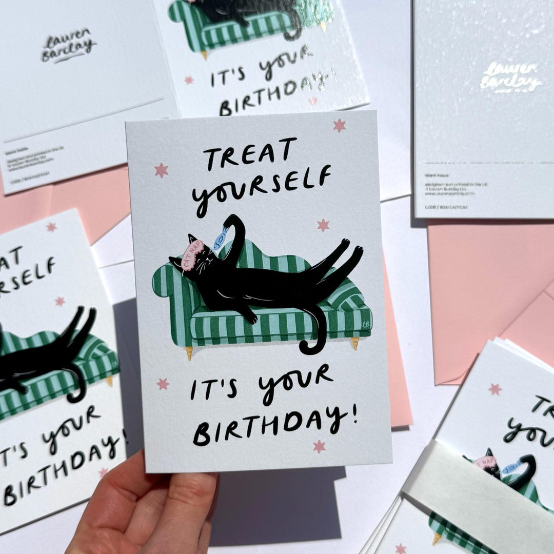 Funny Cat Birthday Card for Her, Lazy Cat Treat Yourself Card - Etsy UK