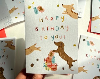 Dachshund Birthday Card, Gold Foil Happy Birthday Sausage Dog Greeting