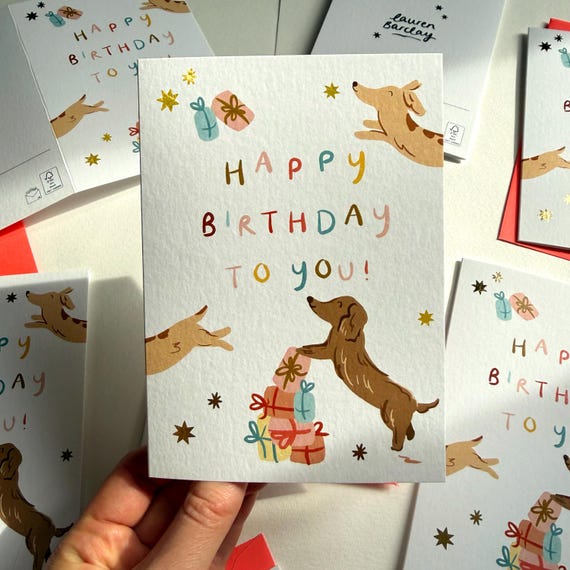 Dachshund Birthday Card, Gold Foil Happy Birthday Sausage Dog Greeting