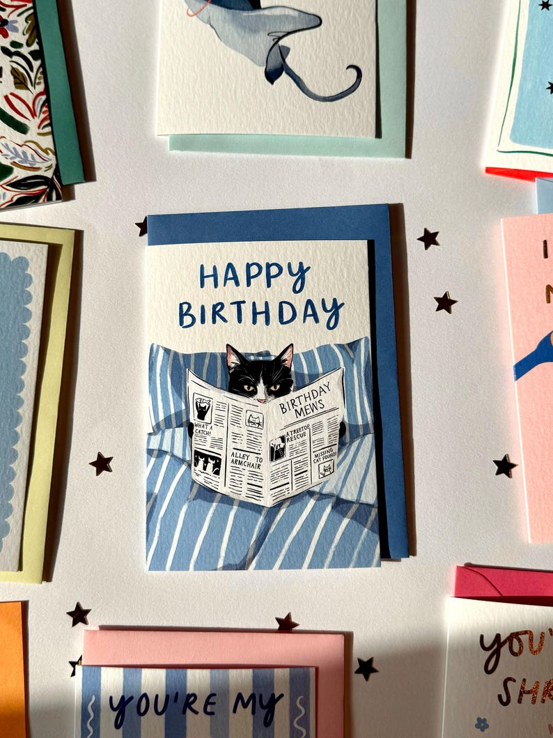 May include: A selection of greeting cards. One card shows a black and white cat reading a newspaper with the headline "Birthday Mews" and the text "Happy Birthday." Other cards feature illustrations of a stingray and the text "You're my".