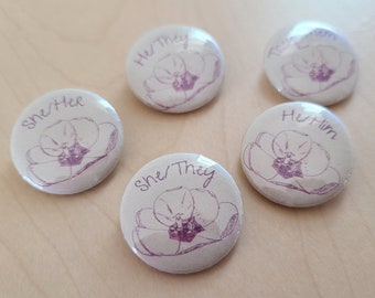 Pronoun Pin with Tulip Ink Art - 1 Inch
