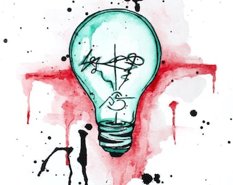 Lightbulb Artwork, Lightbulb Drawing, Lightbulb Painting, Room Art, Wall Art, Watercolor Light, Thomas Edison Artwork, Lighting Artwork, Art