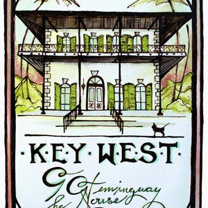 Hemingway House Painting, Hemingway House Artwork, Key West Painting, Key West Drawing, Travel Artwork, Southern Most Point, Tropical Art