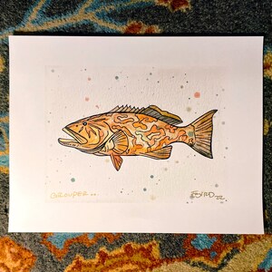 Arte della cernia, Disegno della cernia, Pittura della cernia, Pesce della Florida, Arte nautica, Arte marina, Opere d'arte marine, Pesca della cernia, Fauna selvatica della Florida