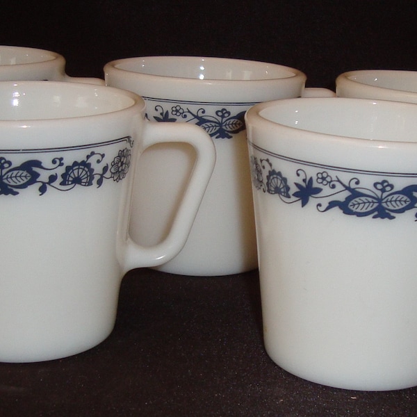 set of 5 vintage Pyrex (blue onion) milk glass coffee mugs