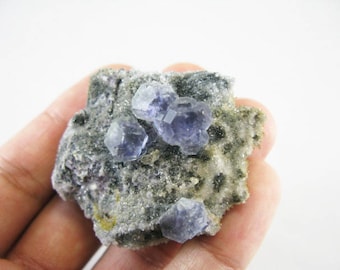 2.1&quot; Fluorite Crystals- I. Mongolia China. 54g  Cluster of natural blue purple crystal on matrix. Rock Mineral Specimen Chakra Healing M6601