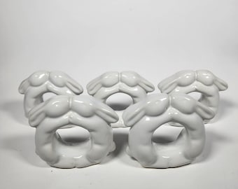 Pottery Barn Kissing Bunnies White Rabbit Napkin Rings Set Of 5 Ceramic Easter