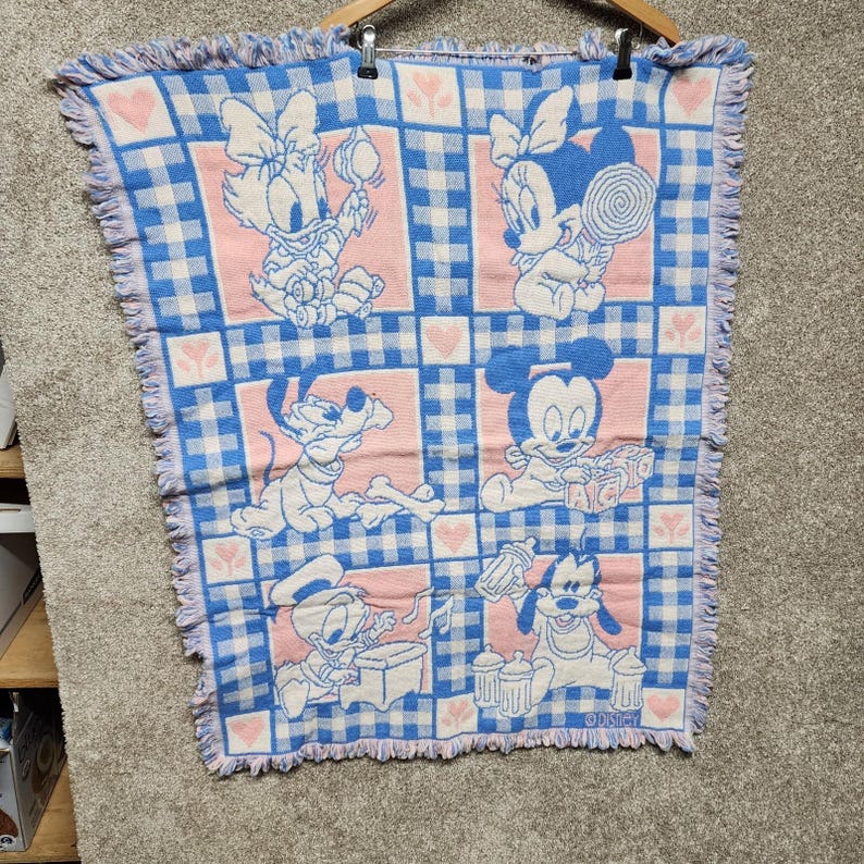 Avon 1994 Disney Babies Throw Blanket Mickey Minnie Mouse Pink Blue Woven immagine 1