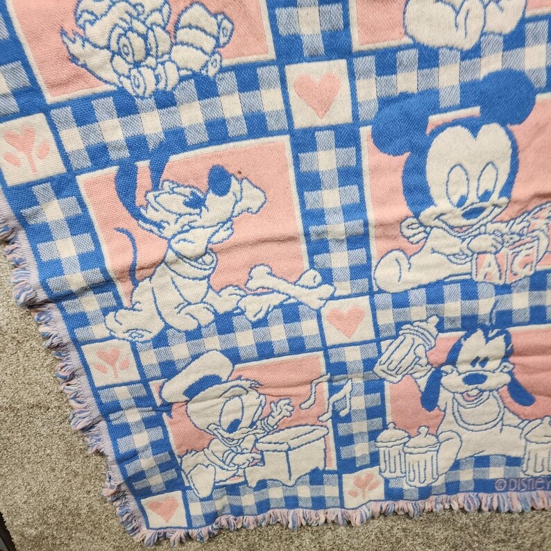 Avon 1994 Disney Babies Throw Blanket Mickey Minnie Mouse Pink Blue Woven immagine 5