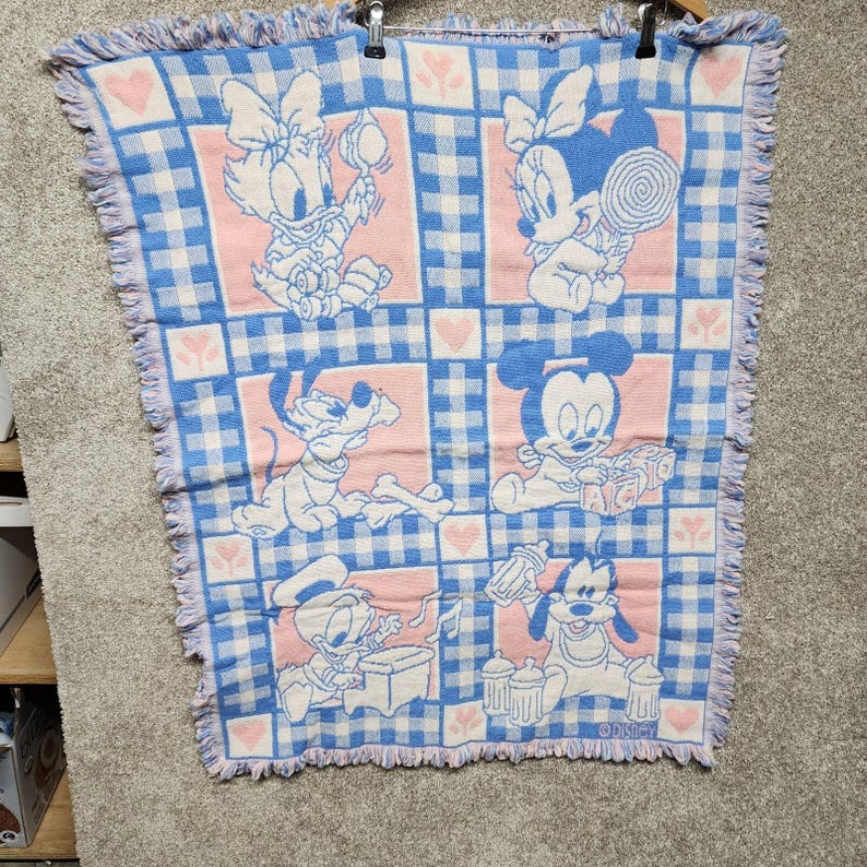 Avon 1994 Disney Babies Throw Blanket Mickey Minnie Mouse Pink Blue Woven immagine 4