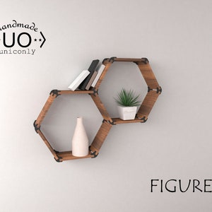Peut inclure: Deux étagères hexagonales en bois avec des équerres noires sont fixées sur un mur blanc. Les étagères contiennent des livres, un vase blanc et une petite plante en pot. Le texte "handmade UO uniconly" est au-dessus des étagères et "FIGURE 1" en dessous.