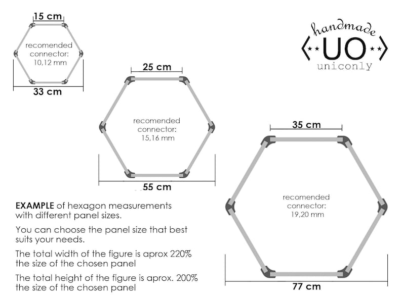 K&ouml;nnte beinhalten: Diagramm, das drei verschiedene Gr&ouml;&szlig;en von sechseckigen Rahmen mit Ma&szlig;en in Zentimetern zeigt. Der Text lautet "BEISPIEL f&uuml;r Sechseckma&szlig;e mit verschiedenen Plattengr&ouml;&szlig;en. Sie k&ouml;nnen die Plattengr&ouml;&szlig;e w&auml;hlen, die am besten zu Ihren Bed&uuml;rfnissen passt. Die Gesamtbreite der Figur betr&auml;gt ca. 220% der Gr&ouml;&szlig;e der gew&auml;hlten Platte. Die Gesamth&ouml;he der Figur betr&auml;gt ca. 200% der Gr&ouml;&szlig;e der gew&auml;hlten Platte."