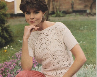 Ladies Short Sleeved Jumper Sweater Knitting Pattern Leaf Lace design 34-38 inches, 86-97 cm, 2.75 & 3.25 mm needles, 200 - 250 g yarn #136