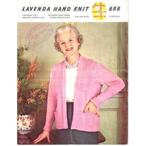 May include: A pink knitted cardigan with a shawl collar and pockets. The cardigan is being modeled by a woman with a pearl necklace. The text on the image reads "Lavenda Hand Knit", "Lavenda 4 Ply", "Golden Fleece 4 Ply", "Lavenda Crisp Crepe", "Wool and Nylon", "42-46 ins Bust", "888", and "Sixpence".