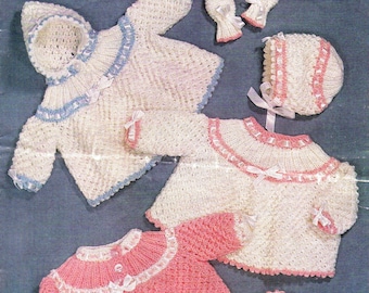 PDF Vintage Baby Angel Top Set Birth to 6 months DK knitting pattern Sirdar 1960s coats mittens bonnets bootees #75