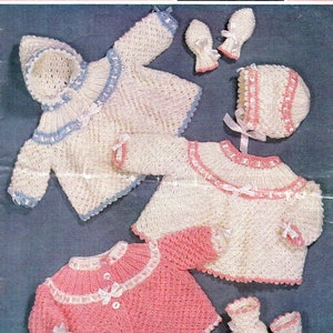 PDF Vintage Baby Angel Top Set Birth to 6 months DK knitting pattern Sirdar 1960s coats mittens bonnets bootees #75