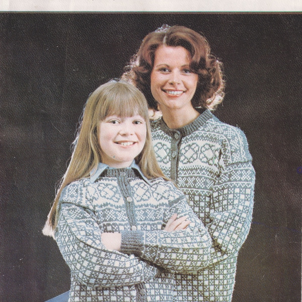 Norwegian Style Cardigan Ladies Girls vintage knitting pattern from 1980s UK, 3.25mm & 3mm needles. #146