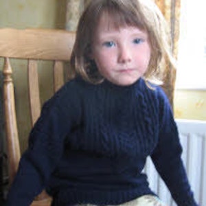 May include: A dark blue knitted sweater with a cable knit pattern. The sweater has a high neck and long sleeves.