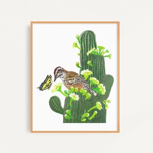 Arizona Cactus Wren and Saguaro Cactus Flowers Art Print, Arizona State Bird, Butterfly and Flower Art Print