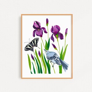 Spottdrossel und Iris Kunstdruck, Tennessee State Bird, Botanische Wandkunst