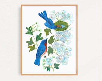 Bluebird and Hawthorn Flowers Art Print: Missouri State Bird Print