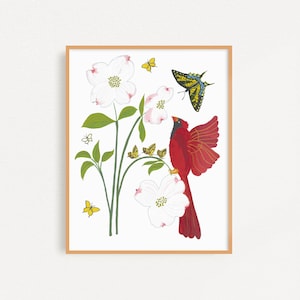 Cardinal and Dogwood Flowers Art Print: Virginia State Bird