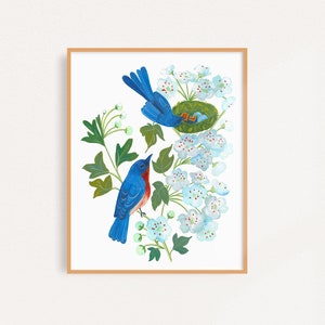 Bluebird and Hawthorn Flowers Art Print, Missouri State Bird, Butterfly and Flower Wall Art