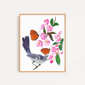 Mockingbird, Apple Blossoms and Butterfly Art Print: Arkansas Wall Art