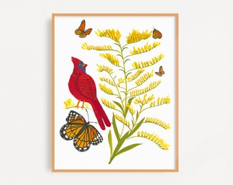 Cardinal and Goldenrod Art Print: Kentucky State Bird and Butterfly