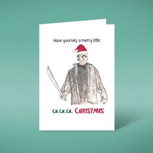 Carte de Noël Jason Voorhees vendredi 13 film d'horreur Fan Slasher Camp Crystal Lake des années 80 des années 90 Masque de hockey d'Halloween Art sang cadeau drôle mignon