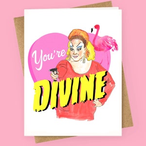 Cartão de felicitações divino do dia dos namorados Flamingos cor-de-rosa Babs Johnson John Waters Humor engraçado Kitsch Drag Ilustração Arte Dia dos namorados gay