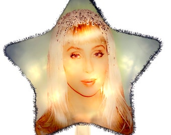 Cher Christmas Tree Topper Custom Photo Decoration Star Ornament Retro 90s Unique Gift Light Up Memorial