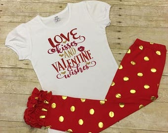Love Kisses and Valentine Wishes, Girls Valentines Day Outfit, Girls Valentine shirt, Valentines Outfit, Red sequin skirt