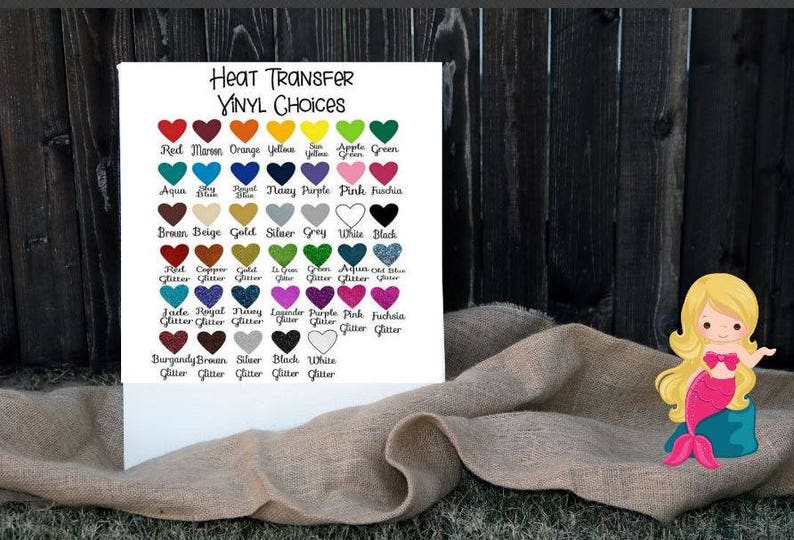 May include: A chart with a variety of heat transfer vinyl colors, including red, orange, yellow, green, blue, purple, pink, brown, beige, gold, silver, gray, white, and black. The chart also includes the word "Glitter" next to many of the colors.