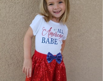 4th of July Toddler Outfit: "All American Babe" Shirt, Sequin Skirt & Bow